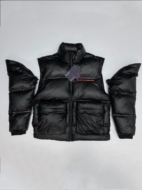 Prada Black Convertible Puffer Jacket with Red Chest Stripe