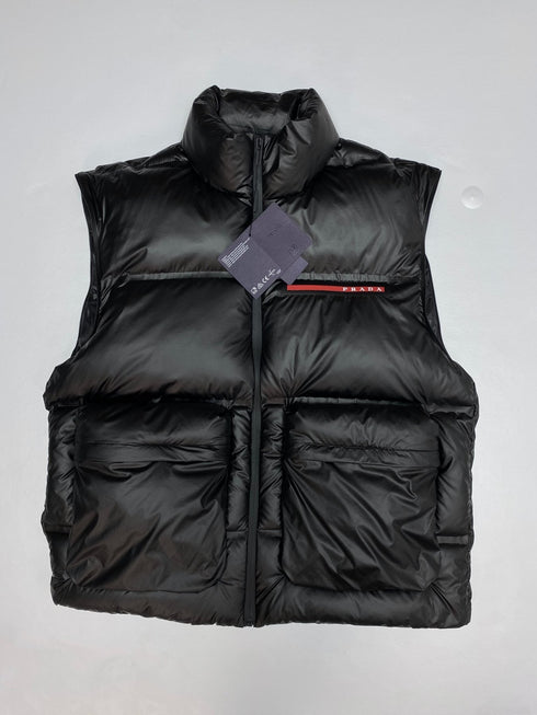 Prada Black Convertible Puffer Jacket with Red Chest Stripe