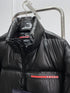 Prada Black Convertible Puffer Jacket with Red Chest Stripe