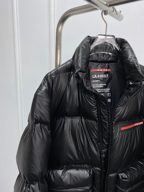 Prada Black Convertible Puffer Jacket with Red Chest Stripe