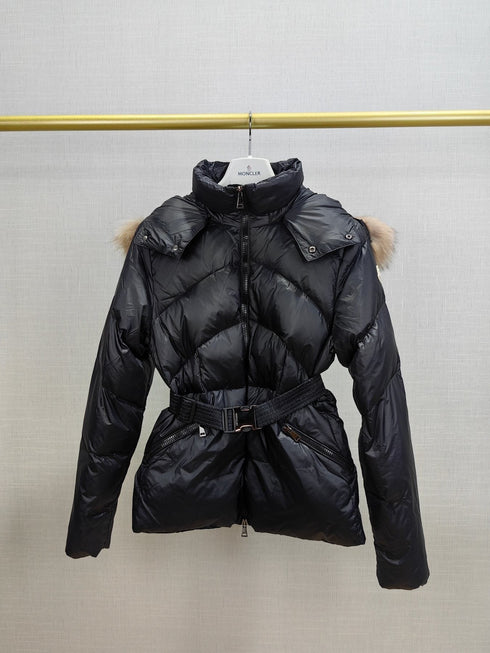 Moncler Women's Fur-Trim Hood Belted Short Down Coat