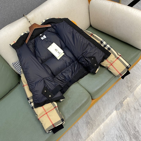 Burberry Beige and Navy Check Short Puffer Jacket