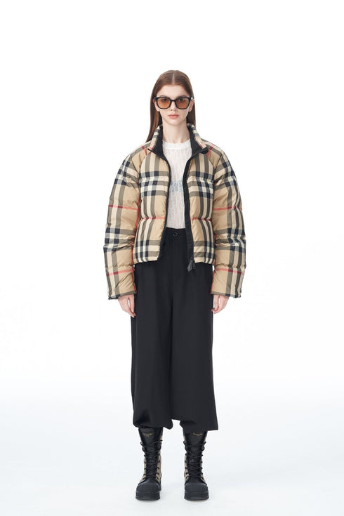 Burberry Beige and Navy Check Short Puffer Jacket