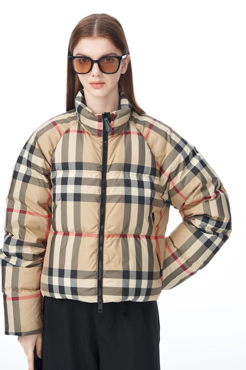 Burberry Beige and Navy Check Short Puffer Jacket