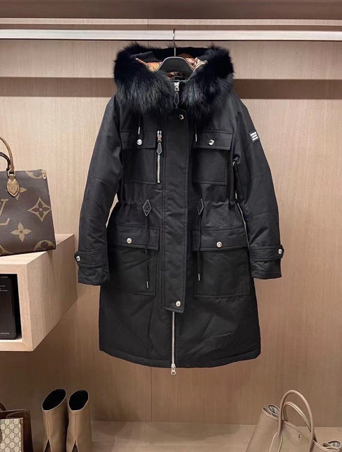 Burberry Removable Fur-Trim Hood Long Down Jacket