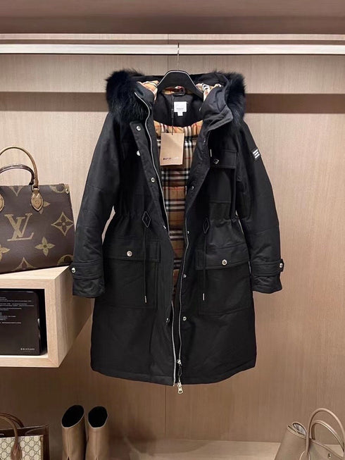 Burberry Removable Fur-Trim Hood Long Down Jacket