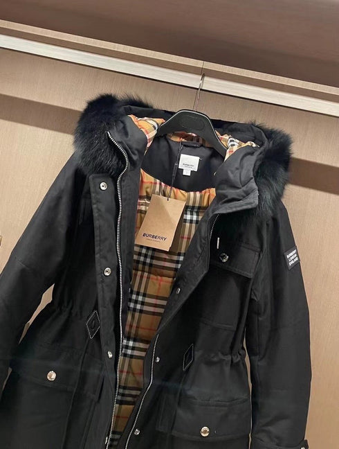 Burberry Removable Fur-Trim Hood Long Down Jacket