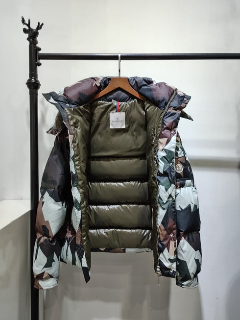 Moncler Geometric Camouflage Hooded Puffer Coat