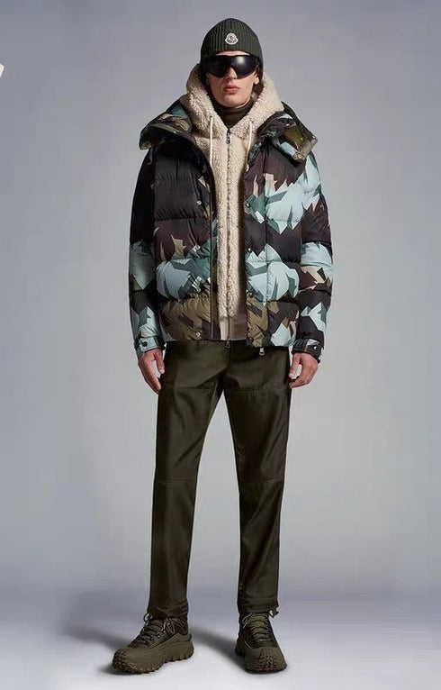 Moncler Geometric Camouflage Hooded Puffer Coat