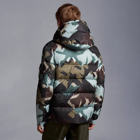 Moncler Geometric Camouflage Hooded Puffer Coat