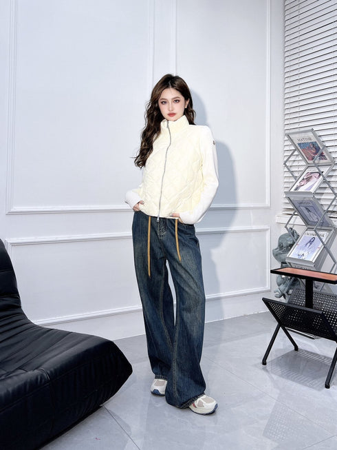 Moncler Diamond-Quilted Knit Sleeve Down Coat
