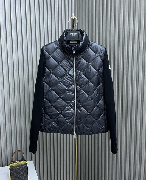 Moncler Diamond-Quilted Knit Sleeve Down Coat