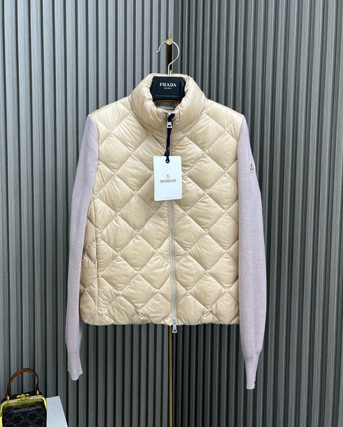 Moncler Diamond-Quilted Knit Sleeve Down Coat