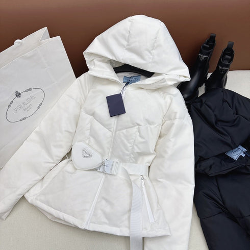 Prada Belted Hooded Short Down Jacket