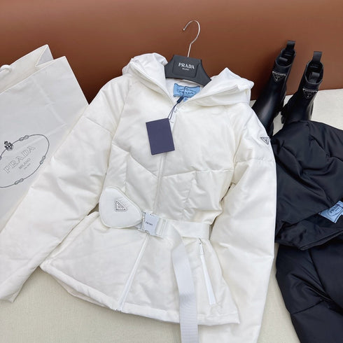 Prada Belted Hooded Short Down Jacket