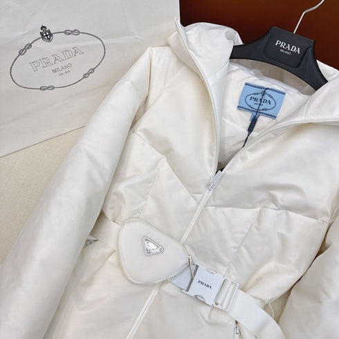 Prada Belted Hooded Short Down Jacket