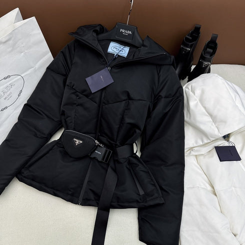 Prada Belted Hooded Short Down Jacket