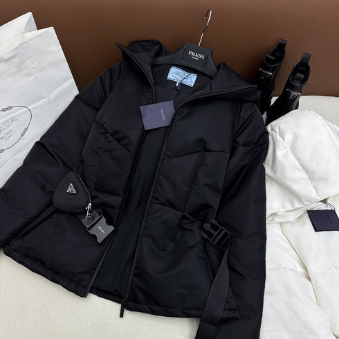 Prada Belted Hooded Short Down Jacket