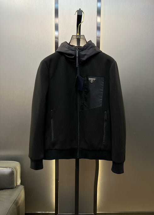 Prada Black Hooded Full-Zip Jacket with Triangle Chest Badge