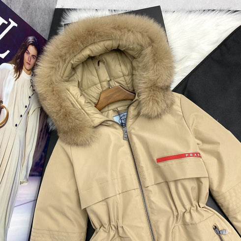 Prada Fur-Trim Hood Long Down Jacket