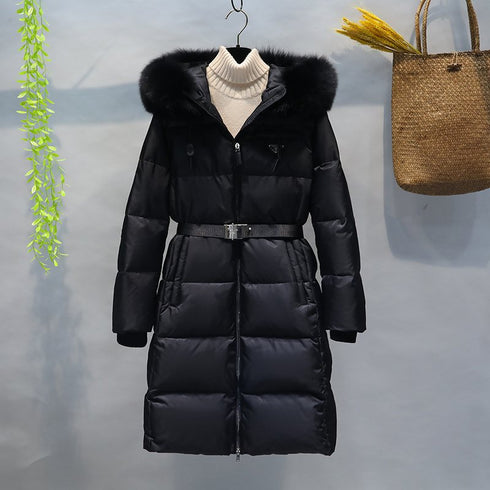 Prada Fur-Trim Hooded Longline Puffer Jacket