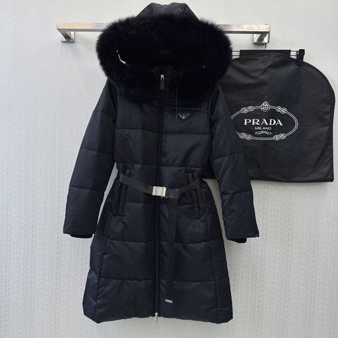 Prada Fur-Trim Hooded Longline Puffer Jacket