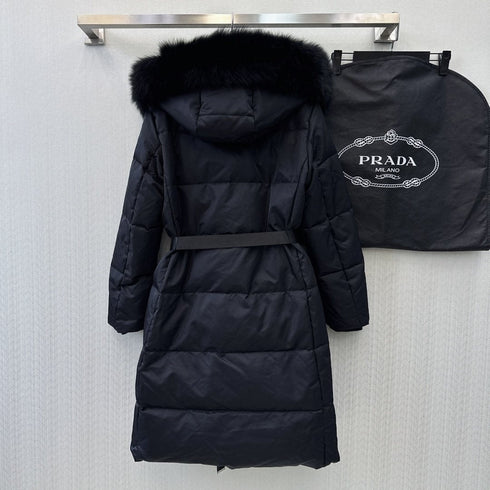 Prada Fur-Trim Hooded Longline Puffer Jacket