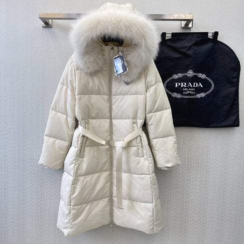 Prada Fur-Trim Hooded Longline Puffer Jacket