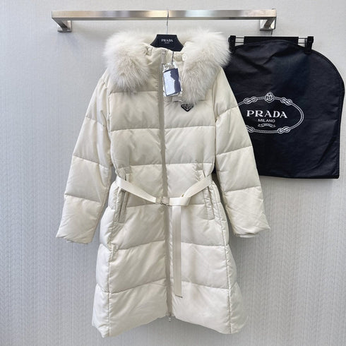 Prada Fur-Trim Hooded Longline Puffer Jacket