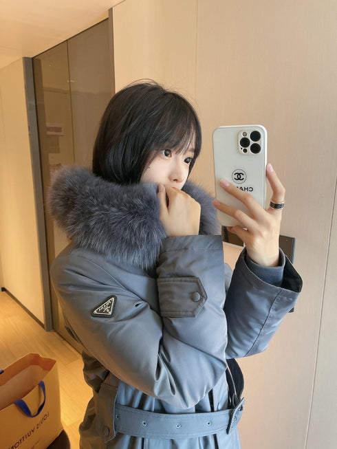 Prada Fur-Trim Hood Belted Long Down Jacket