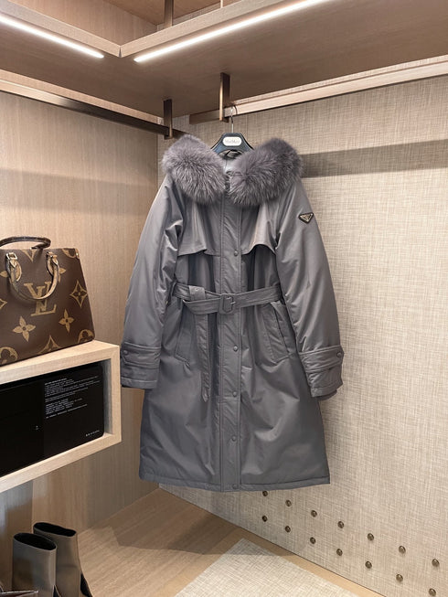 Prada Fur-Trim Hood Belted Long Down Jacket