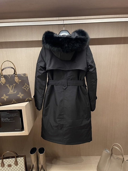 Prada Fur-Trim Hood Belted Long Down Jacket