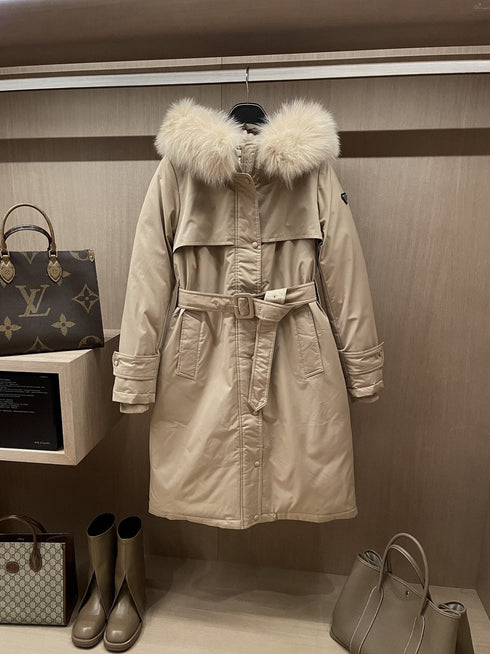 Prada Fur-Trim Hood Belted Long Down Jacket
