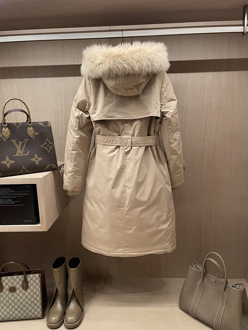 Prada Fur-Trim Hood Belted Long Down Jacket