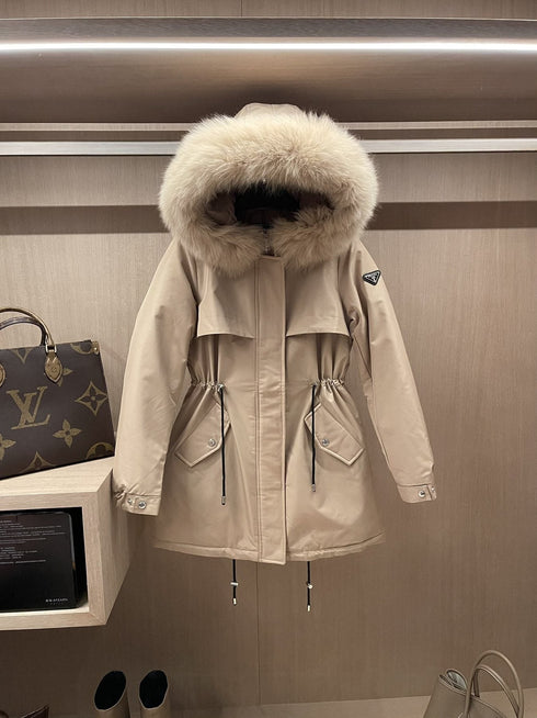 Prada Detachable Fox Fur-Trim Hood Long Down Jacket