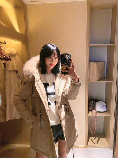 Prada Detachable Fox Fur-Trim Hood Long Down Jacket