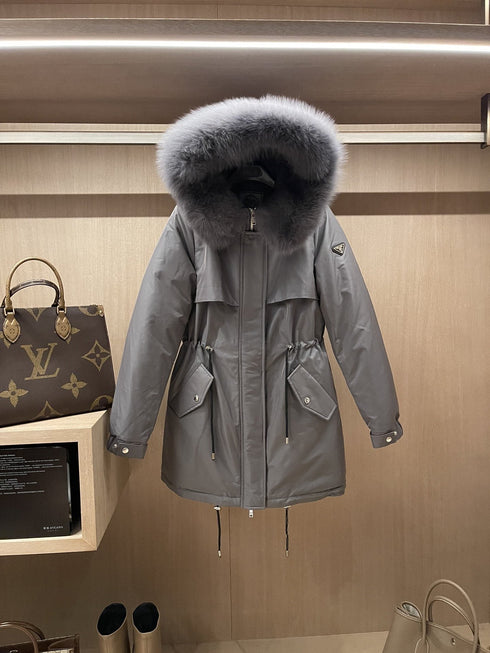 Prada Detachable Fox Fur-Trim Hood Long Down Jacket