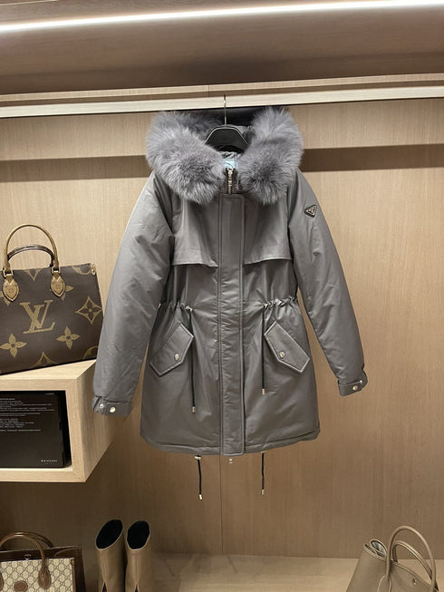 Prada Detachable Fox Fur-Trim Hood Long Down Jacket
