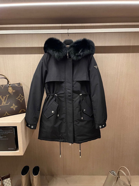 Prada Detachable Fox Fur-Trim Hood Long Down Jacket