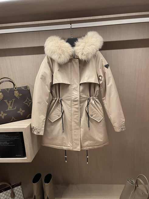 Prada Detachable Fox Fur-Trim Hood Long Down Jacket