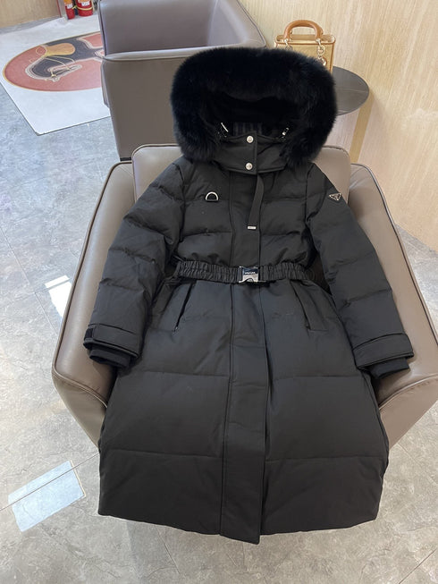Prada Fur-Trim Belted Long Down Jacket