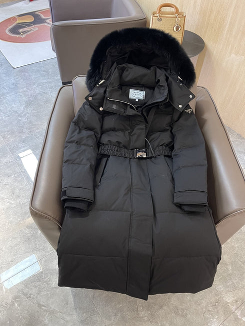 Prada Fur-Trim Belted Long Down Jacket