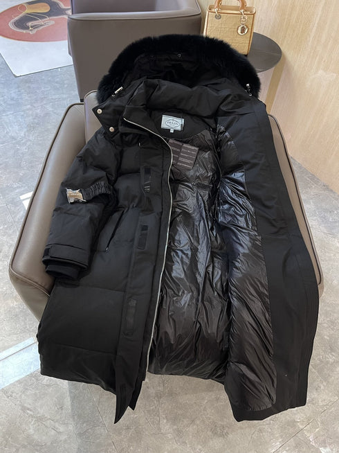 Prada Fur-Trim Belted Long Down Jacket