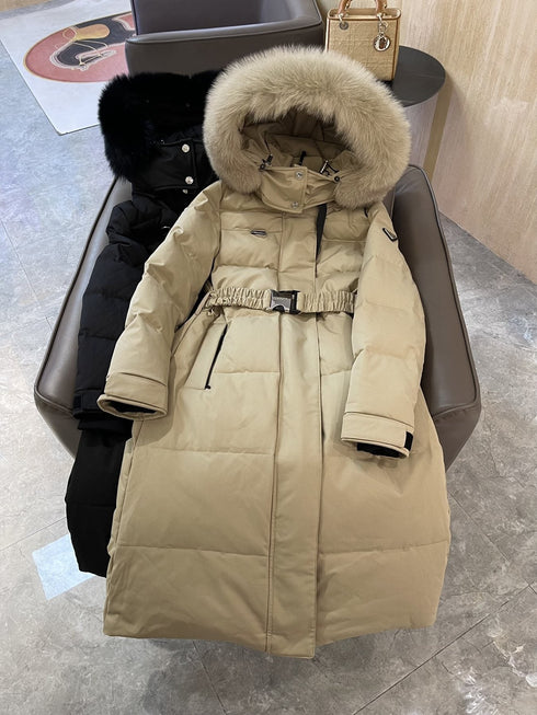 Prada Fur-Trim Belted Long Down Jacket