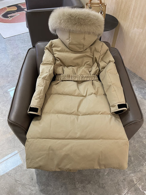 Prada Fur-Trim Belted Long Down Jacket