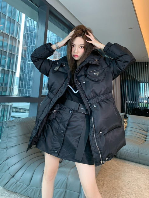 Prada Hooded Gathered-Waist Puffer Jacket