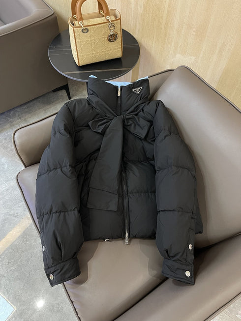 Prada Reversible Cropped Puffer Jacket with Removable Bow Scarf