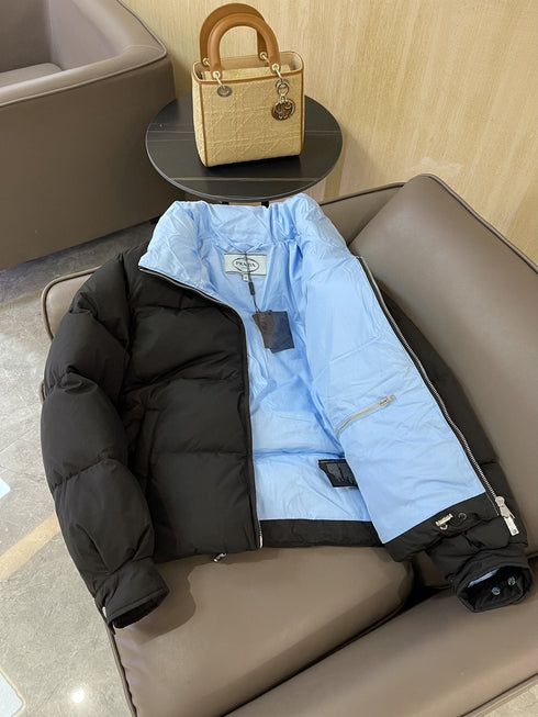 Prada Reversible Cropped Puffer Jacket with Removable Bow Scarf