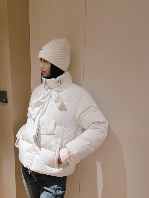 Prada Reversible Cropped Puffer Jacket with Removable Bow Scarf