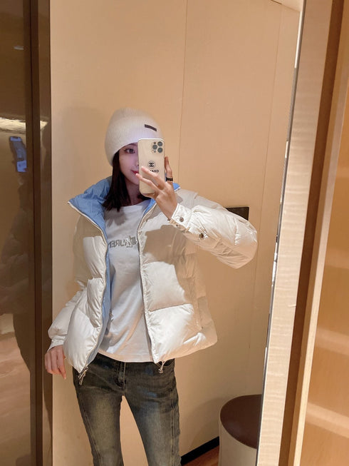 Prada Reversible Cropped Puffer Jacket with Removable Bow Scarf